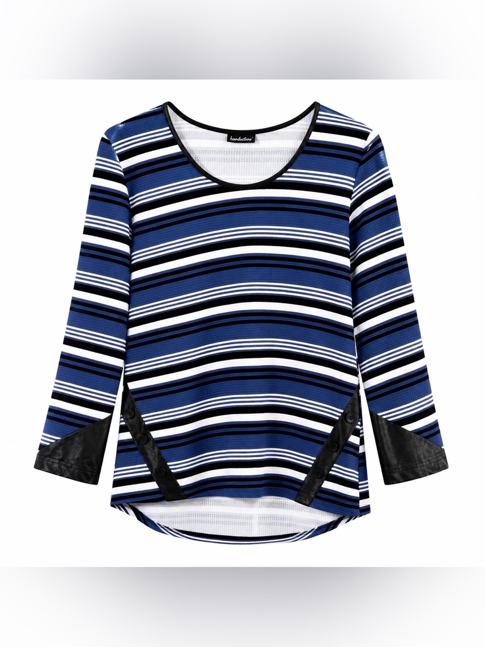 Women’s Striped Blue & White Scoop-Neck Long Sleeve Top with Black Trim